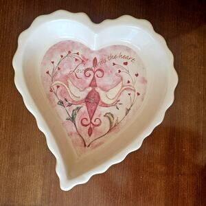 "Love Warms The Heart " Heart shaped 11x5 ceramic pie dish, doves and flowers